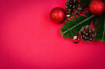 christmas background or greeting card with copy space for text with toys and decorations, xmas and new year banner mock up, festive flat lay for design