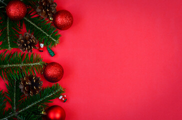 christmas background or greeting card with copy space for text with toys and decorations, xmas and new year banner mock up, festive flat lay for design