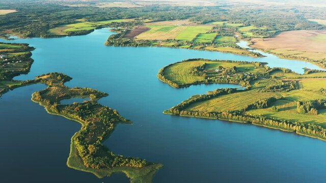 4K Aerial View Of Lakes Rivers Island And Green Countryside Landscape. Lepel Lake. Lyepyel District, Vitebsk Region, Belarus