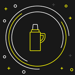 Line Thermos container icon isolated on black background. Thermo flask icon. Camping and hiking equipment. Colorful outline concept. Vector