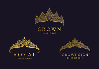 Vector set of abstract luxury, royal golden company logo icon design. Elegant crown, tiara, diadem premium symbol. Hand drawn lace jewelry, arabic, restaurant, hotel logotype. © marylia17