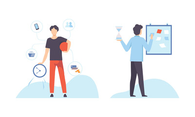 Time Management and Task Planning with Young Man with Clock Organizing His Timeline Vector Set