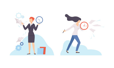 Time Management and Task Planning with Young Woman with Clock Organizing His Timeline Vector Set