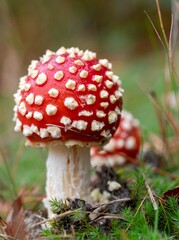 macro photo of a typical red and white spotted mushroom, fly agaric, with beautiful bokeh background