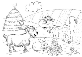 Funny farm. Cute farm animals. Coloring book. Illustration for children