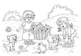 Funny farm. Cute farm animals. Coloring book. Illustration for children
