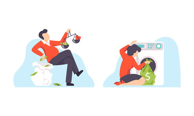 Entrusted People Character Engaged in Corruption Gaining Dishonest Money Hiding Them in Washing Machine Vector Set
