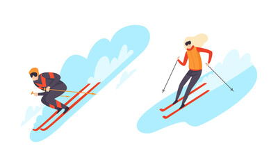 Man and Woman Character Engaged in Extreme Sport Skiing Vector Set