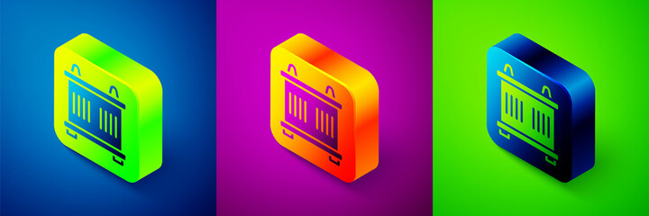 Isometric Container icon isolated on blue, purple and green background. Crane lifts a container with cargo. Square button. Vector