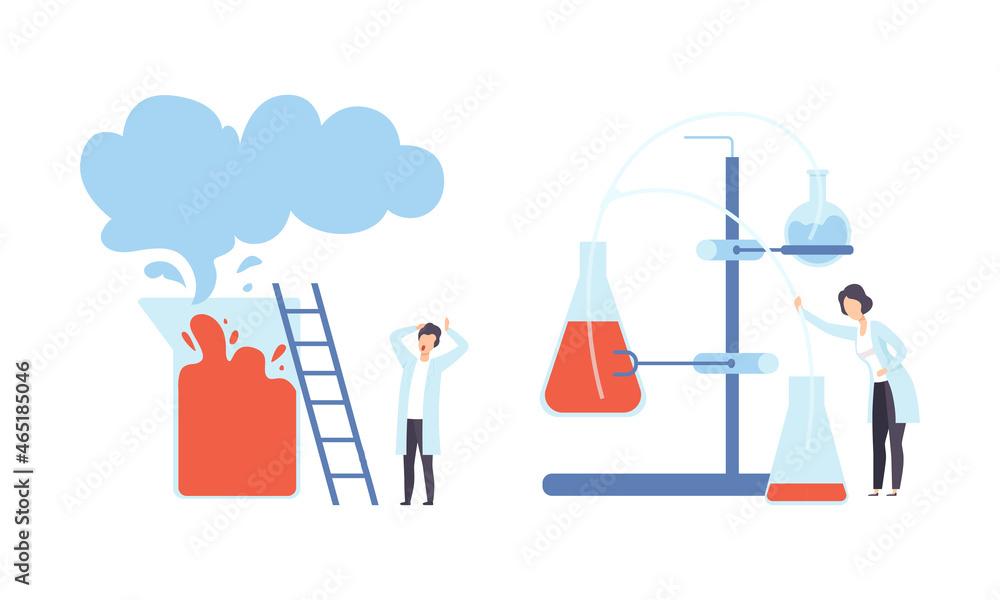 Poster man and woman research scientist in laboratory coat conducting experiment with chemical in flask vec