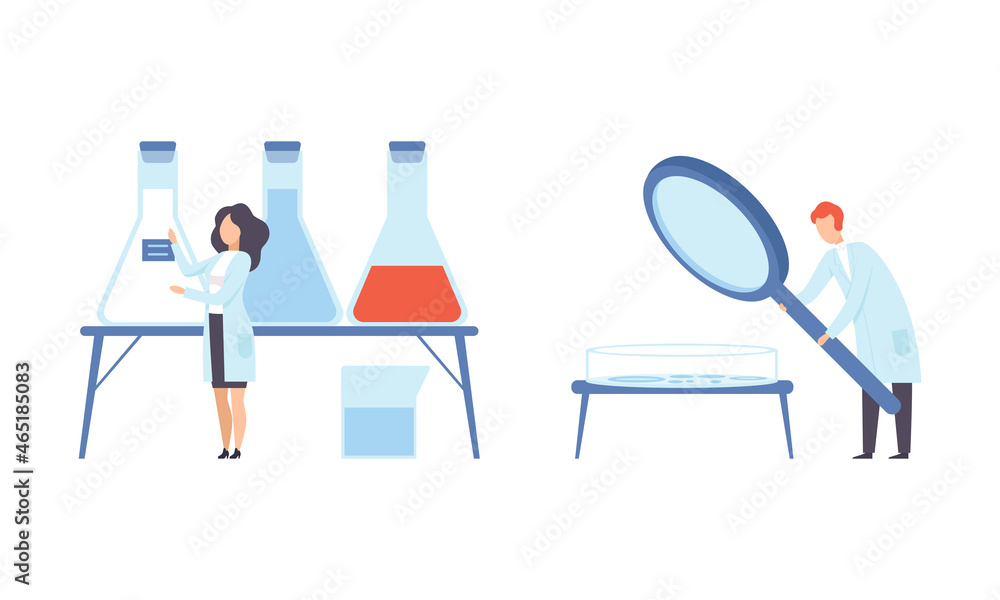 Poster man and woman research scientist in laboratory coat conducting experiment with chemical in flask and