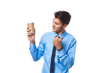 businessmen communication on the phone a cup of coffee light background