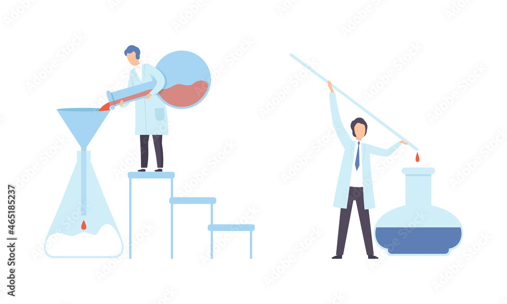 Poster man research scientist in laboratory coat conducting experiment with chemical in flask vector set