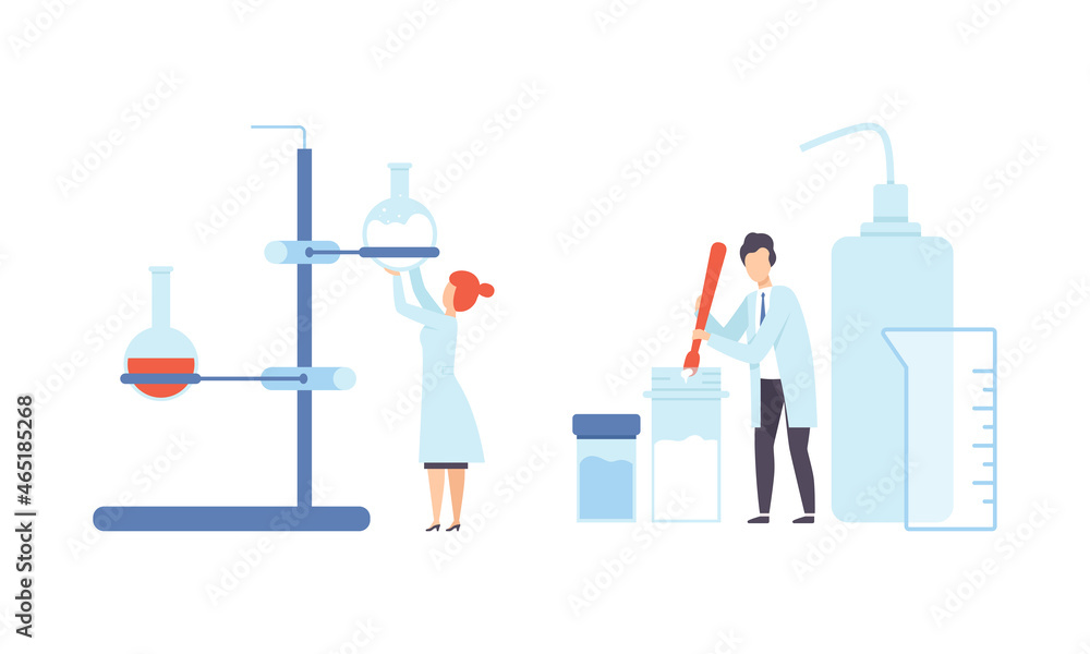 Poster man and woman research scientist in laboratory coat conducting experiment with chemical in flask vec
