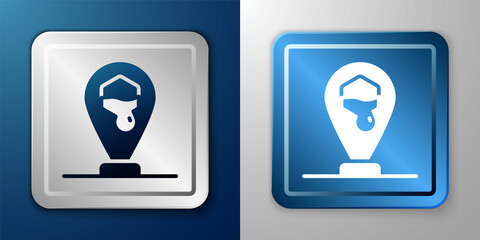 White Honeycomb bee location map pin pointer icon isolated on blue and grey background. Farm animal map pointer. Silver and blue square button. Vector