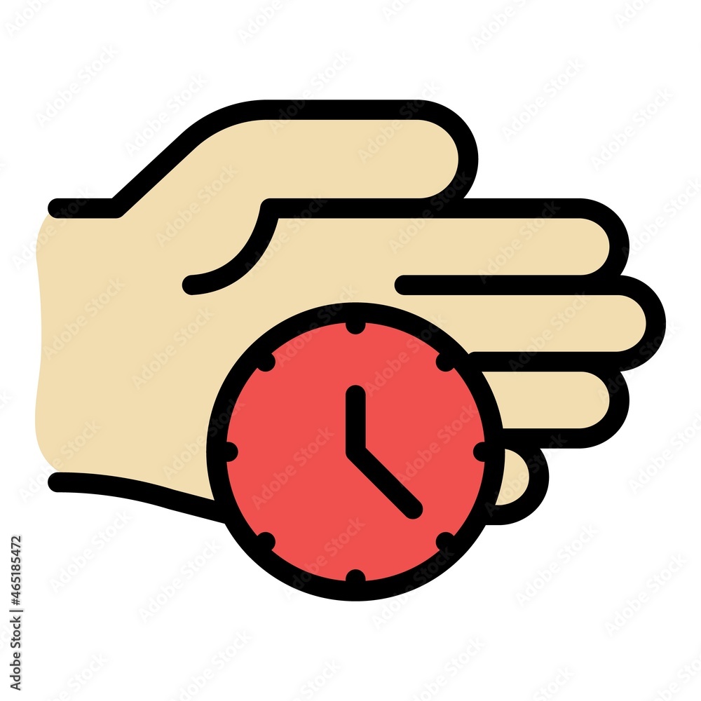 Poster clock on the palm icon. outline clock on the palm vector icon color flat isolated