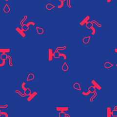 Red Water tap icon isolated seamless pattern on blue background. Vector