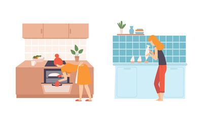 Young Woman in Kitchen Cooking Meal and Preparing Food at Home Vector Set