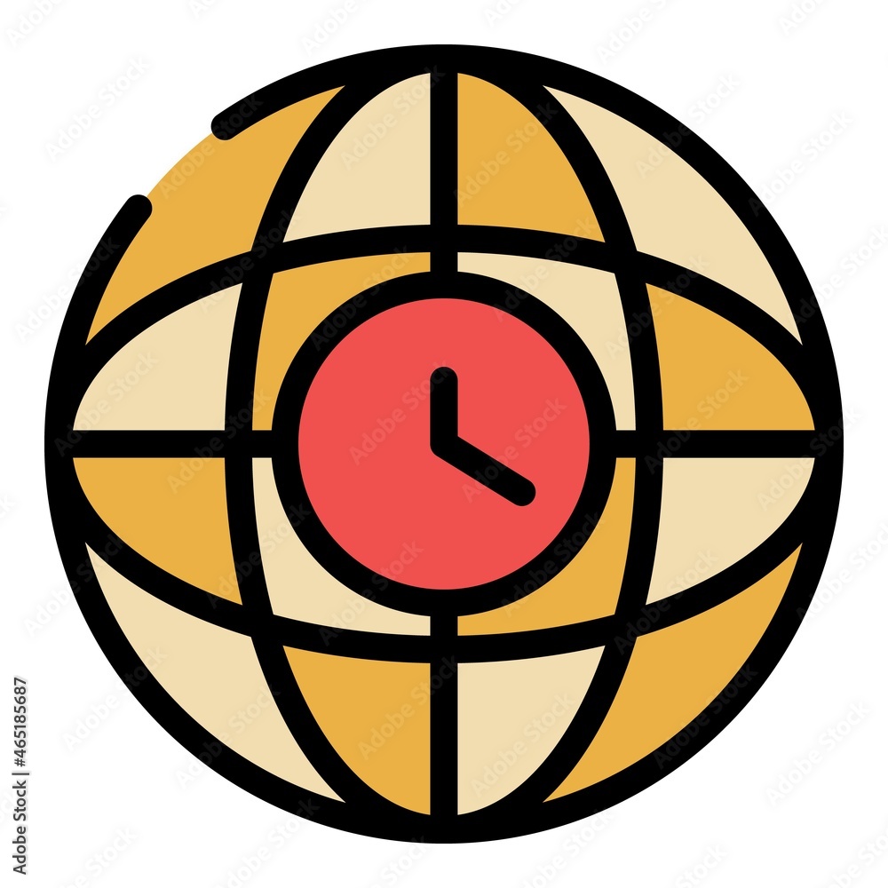 Poster clock in the globe icon. outline clock in the globe vector icon color flat isolated