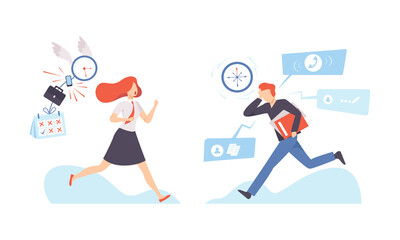 Man in Hurry and Woman Escaping from Clock Dial Failing Handling Deadline and Timeline Vector Set