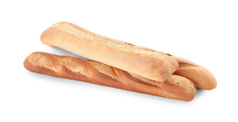 Different tasty baguettes on white background. Fresh bread