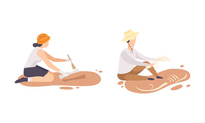 Man and Woman Archaeologist with Brush Searching for Material Remains Vector Set