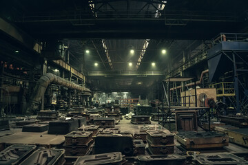 Metallurgical plant big dark workshop inside. Industrial steel production. Interior of Steel mill factory. Heavy industry foundry.