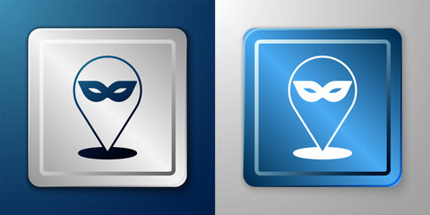 White Carnival mask icon isolated on blue and grey background. Masquerade party mask. Silver and blue square button. Vector