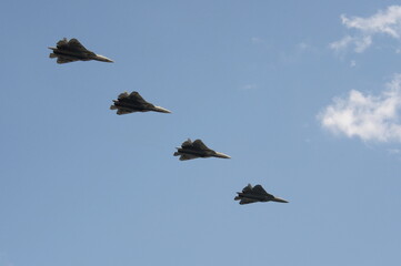 Russian multi-purpose fighters of the fifth generation Su-57 in the sky over Moscow's Red Square...