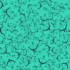 Black Medieval bow and arrow icon isolated seamless pattern on green background. Medieval weapon. Vector