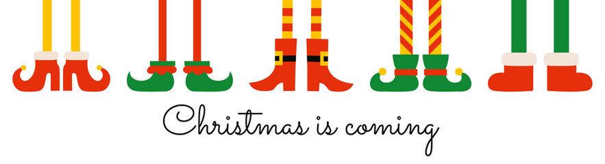 Christmas is coming banner poster horizonal template. Shoes and boots for elves feet. Elf gnome dwarf. Santa Claus helpers. Cute cartoon Christmas holiday elf feet and legs. Greeting card design - obrazy, fototapety, plakaty