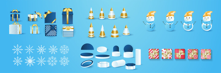 Christmas icons object collection. Vector. Winter icon set. Christmas decorations in 3d design isolated on white background. Cartoon colorful illustration. Collection holiday red blue symbols.