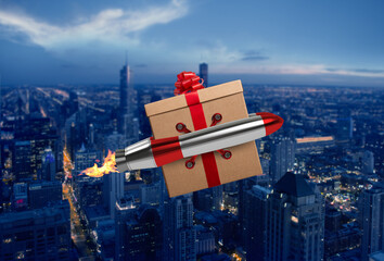 Christmas Gift flies fast by a power rocket over a city
