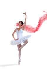 Fototapeta na wymiar Ballet Dance Ideas. Professional Japanese Female Ballet Dancer Posing in White Tutu With Flying Red Cloth In Hands Against White Background.