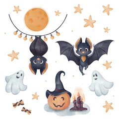 Cute digital watercolor Halloween illustration set