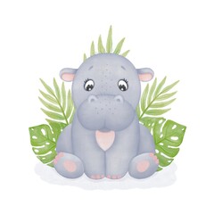 Cute baby hippo watercolor illustration