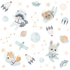 Seamless digital watercolor  pattern with baby animals in the Space
