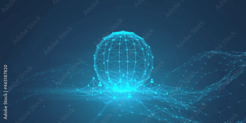 Aufkleber abstract glowing blue grid globe with people icons on dark backdrop. social media, networking, commu