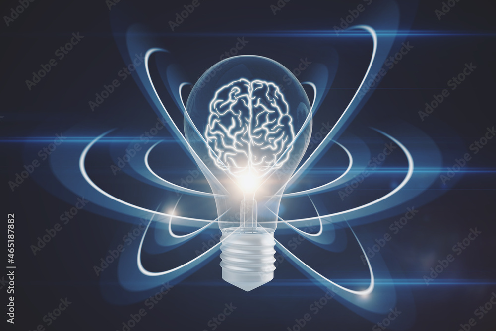 Poster Abstract light bulb on dark wallpaper with digital brain and atom outline. Artificial intelligence, science and innovation concept. 3D Rendering.
