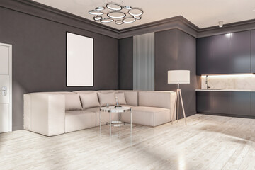 Modern black studio kitchen interior with empty mock up poster, comfortable couch, wooden flooring and sunlight. 3D Rendering.