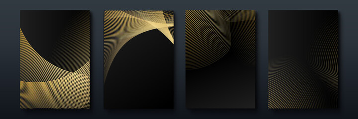 Elegant luxury black and gold cover design backgroung with abstract lines. Modern black stripe cover design set. Luxury creative gold dynamic diagonal line pattern. Formal premium vector for business