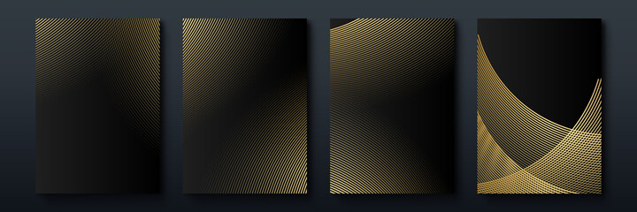 Elegant luxury black and gold cover design backgroung with abstract lines. Modern black stripe cover design set. Luxury creative gold dynamic diagonal line pattern. Formal premium vector for business