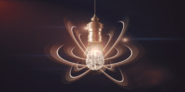 Abstract light bulb on dark background with digital brain and atom outline. Artificial intelligence, science and innovation concept. 3D Rendering. - Powered by Adobe