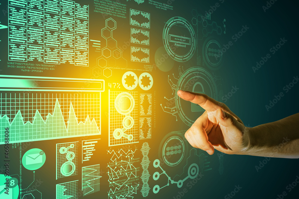 Poster businessman hand using abstract digital business interface on dark background. communication, hud, s