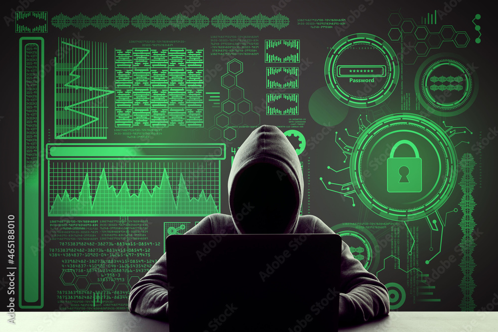 Aufkleber Hacker at desktop using laptop with abstract digital business interface on dark background. Communication, hacking, malware, hud, science and future concept.
