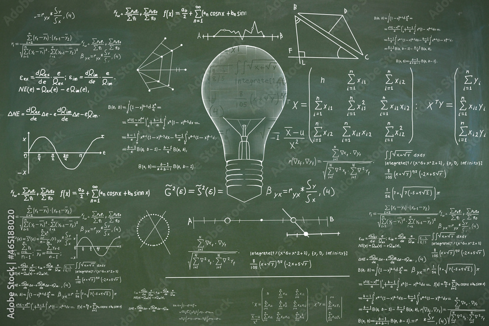 Poster abstract lamp sketch with mathematical formulas on chalkboard/blackboard wall backdrop. intelligence