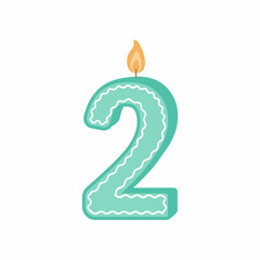 Illustration of a birthday candle number. The number two candle. A green candle for the second birthday. Vector illustration on a white background isolated in a flat cartoon style