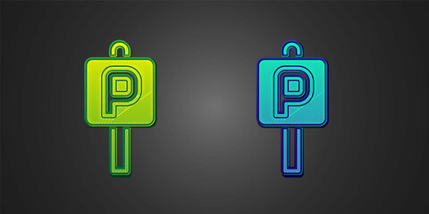 Green and blue Parking icon isolated on black background. Street road sign. Vector
