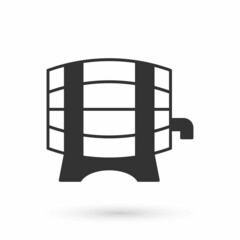 Grey Wooden barrel on rack with stopcock icon isolated on white background. Vector