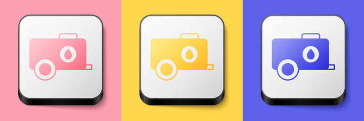 Isometric Mobile water tank - bowser icon isolated on pink, yellow and blue background. Water tank delivering water. Square button. Vector